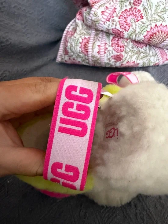 UGG Pink Neon Logo Shearling Slides - Picture 3 of 4